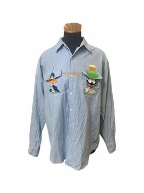 Vintage 90s Looney Tunes Marvin Martian Daffy Duck Denim Button Up Shirt Size L